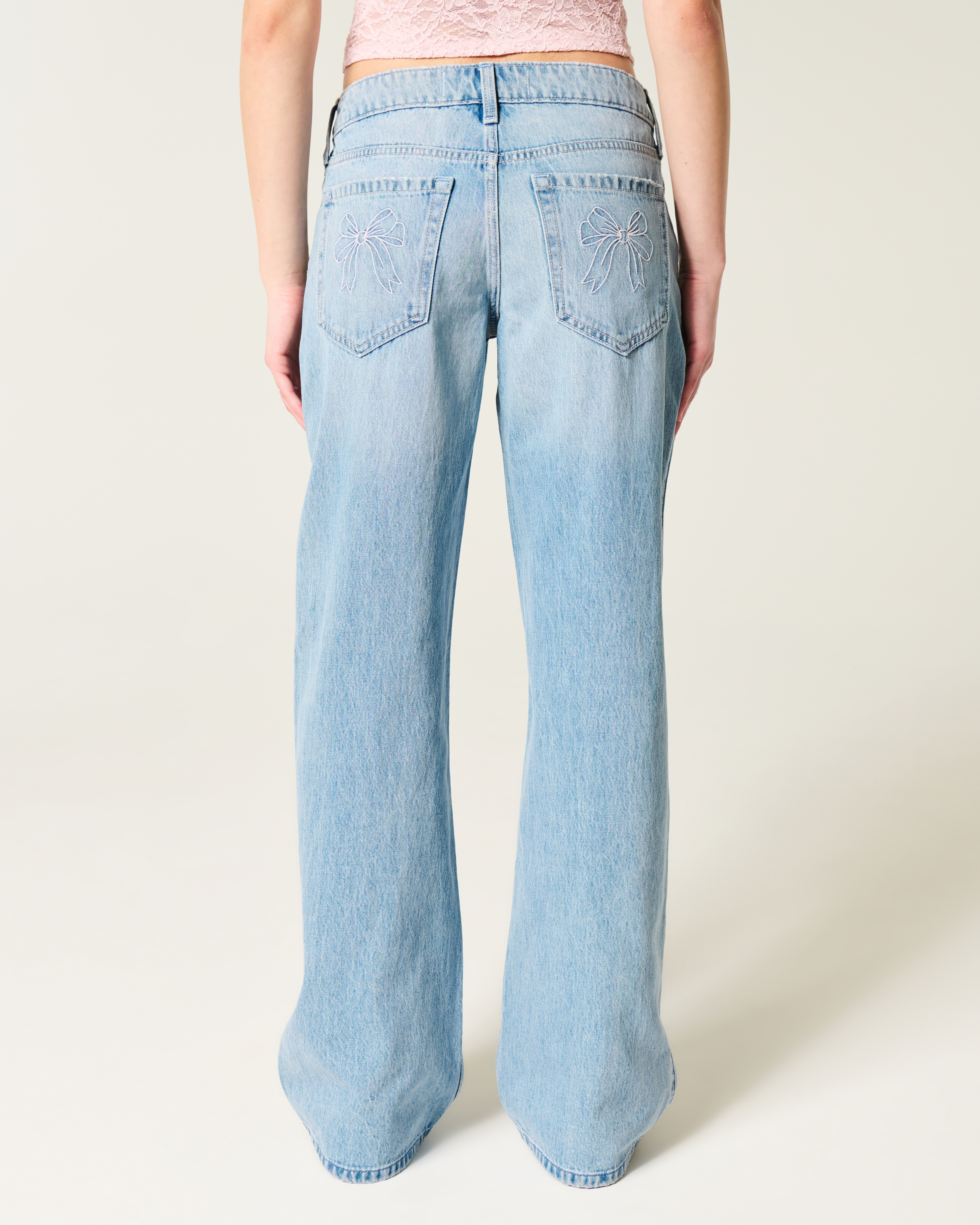 Low-Rise Light Wash Embroidered Bows Baggy Jeans