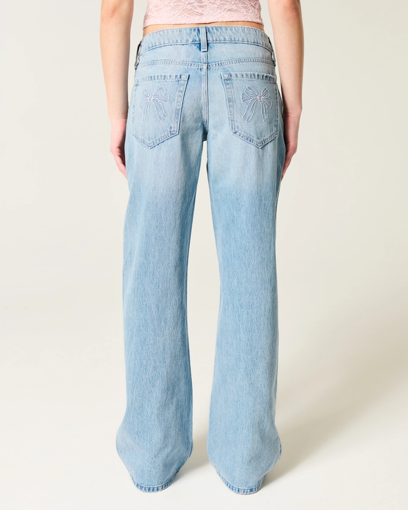 Low-Rise Light Wash Embroidered Bows Light Wash Baggy Jeans
