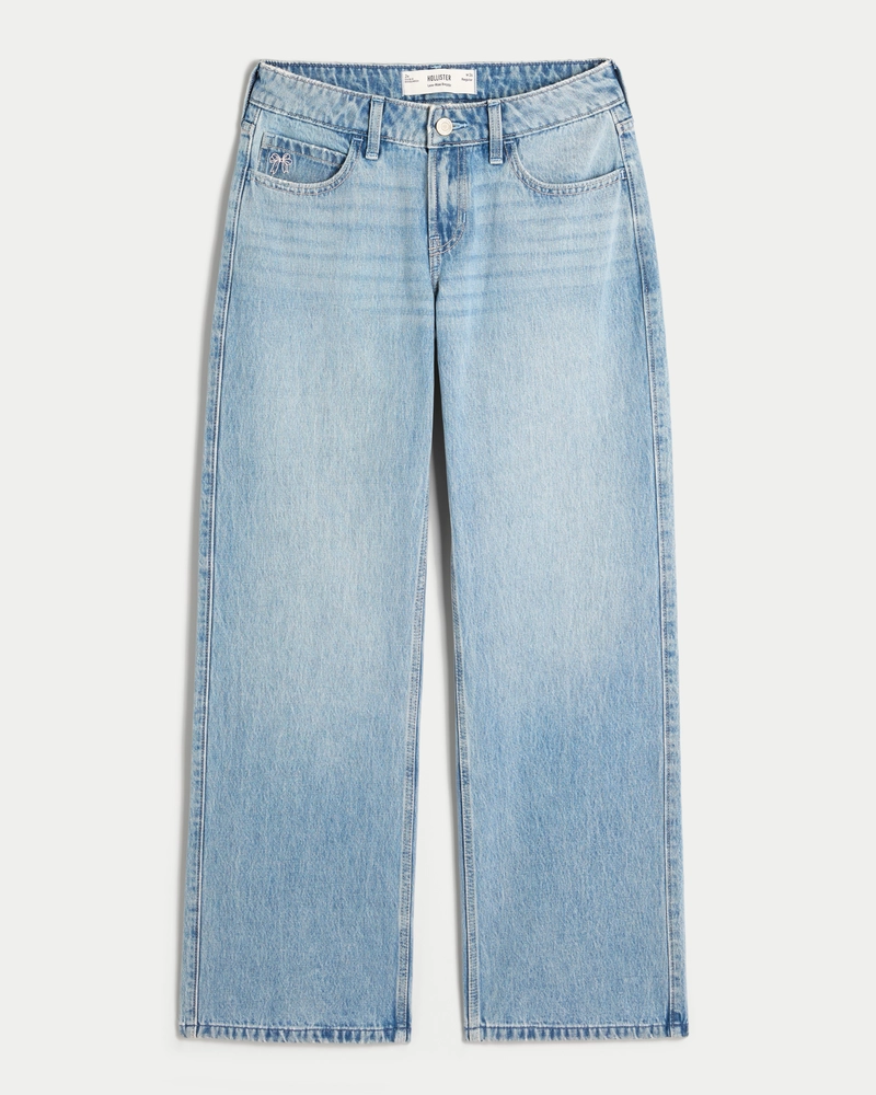 Low-Rise Light Wash Embroidered Bows Light Wash Baggy Jeans