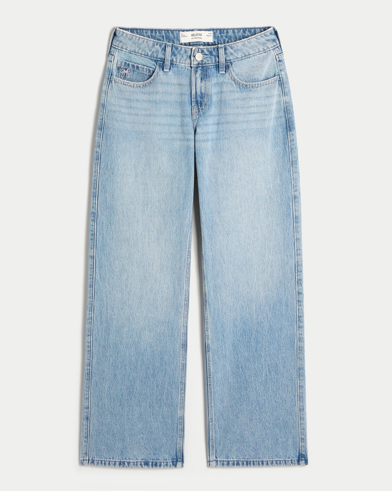 Low-Rise Light Wash Embroidered Bows Light Wash Baggy Jeans
