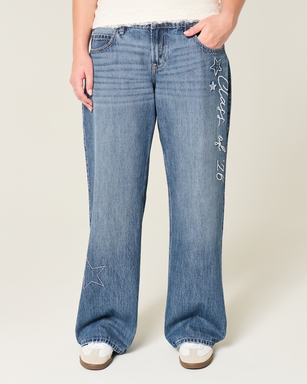 Low-Rise Dark Wash Class of '26 Embroidered Baggy Jeans, Medium view 2