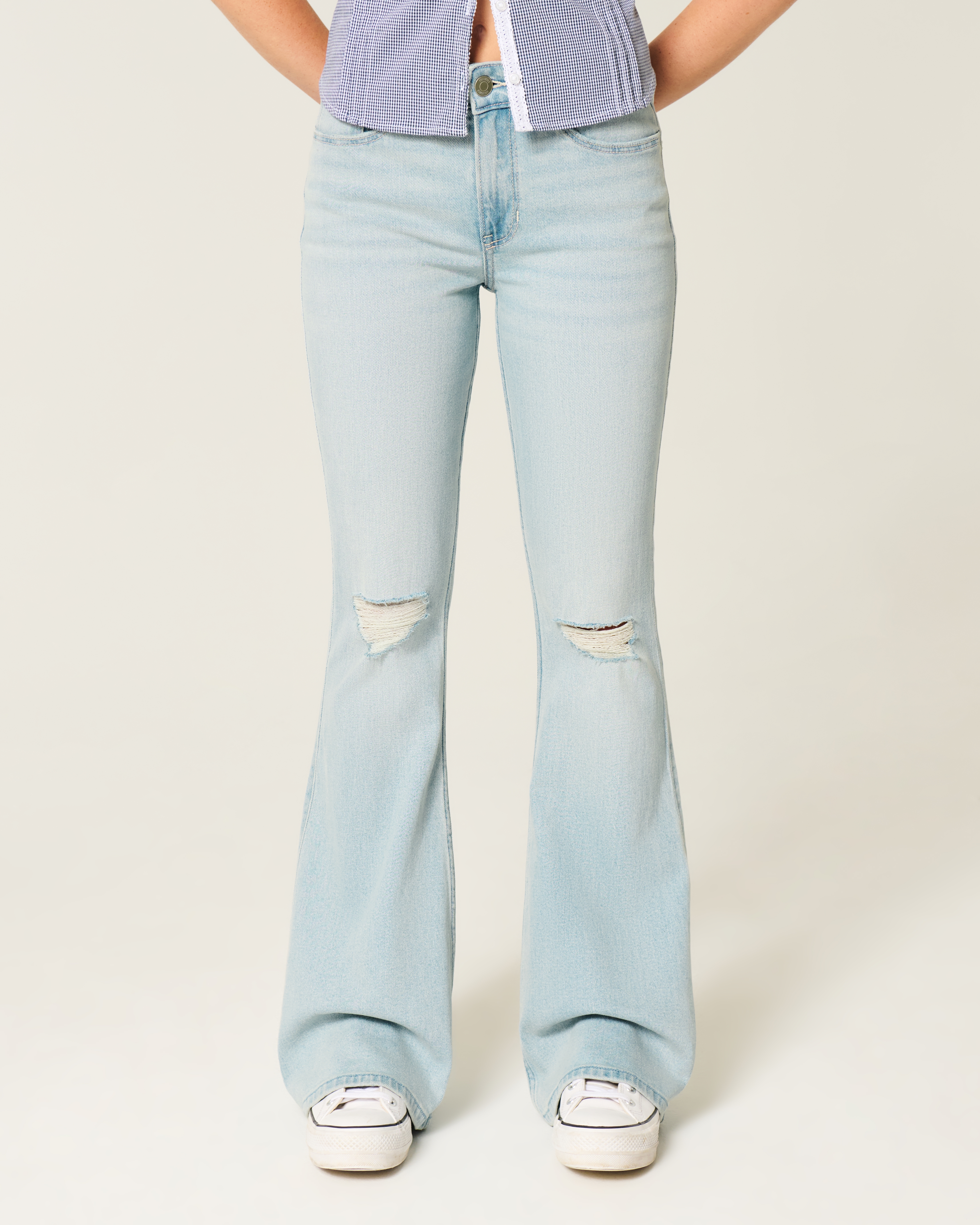 High-Rise Ripped Light Wash Flare Jeans