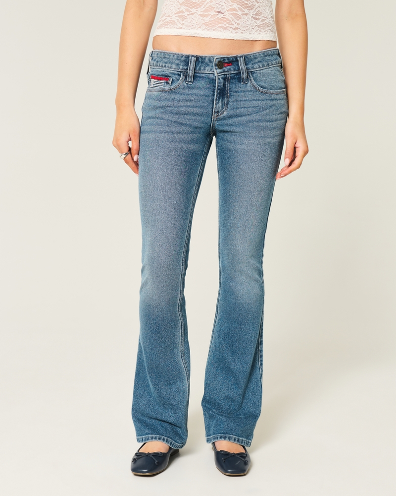 Low-Rise Medium Wash Embroidered Flag Boot Jeans