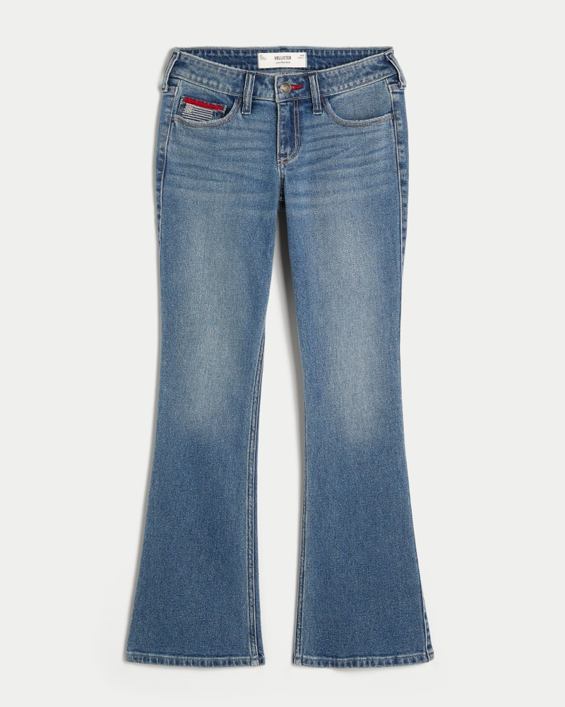 Low-Rise Medium Wash Embroidered Flag Boot Jeans