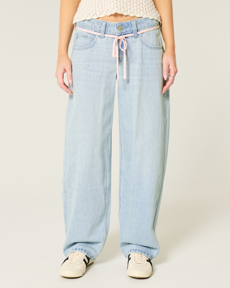 Donna Jeans larghi taper a vita bassa con lavaggio chiaro e nastro