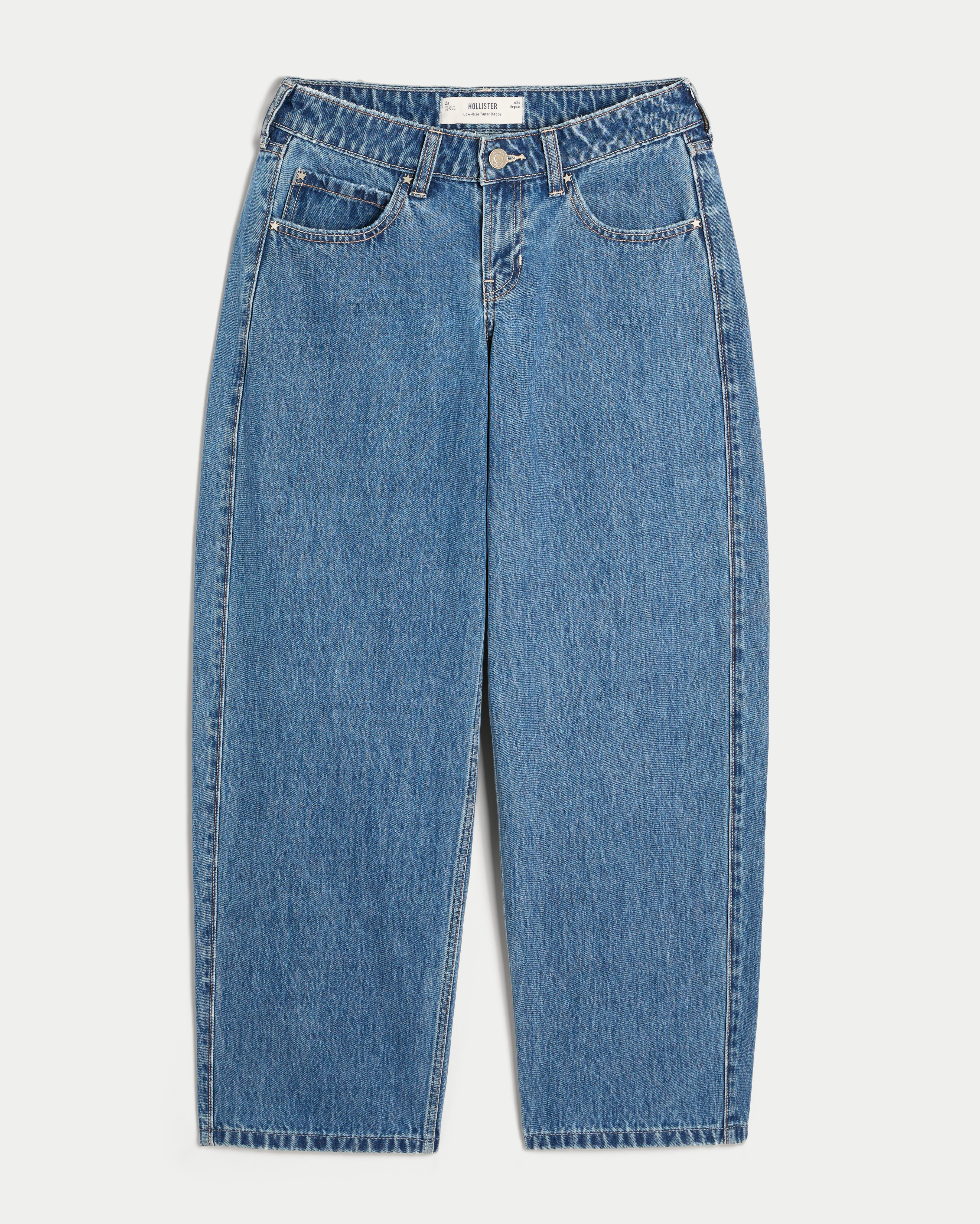 Low-Rise Medium Wash Star-Studded Tapered Baggy Jeans
