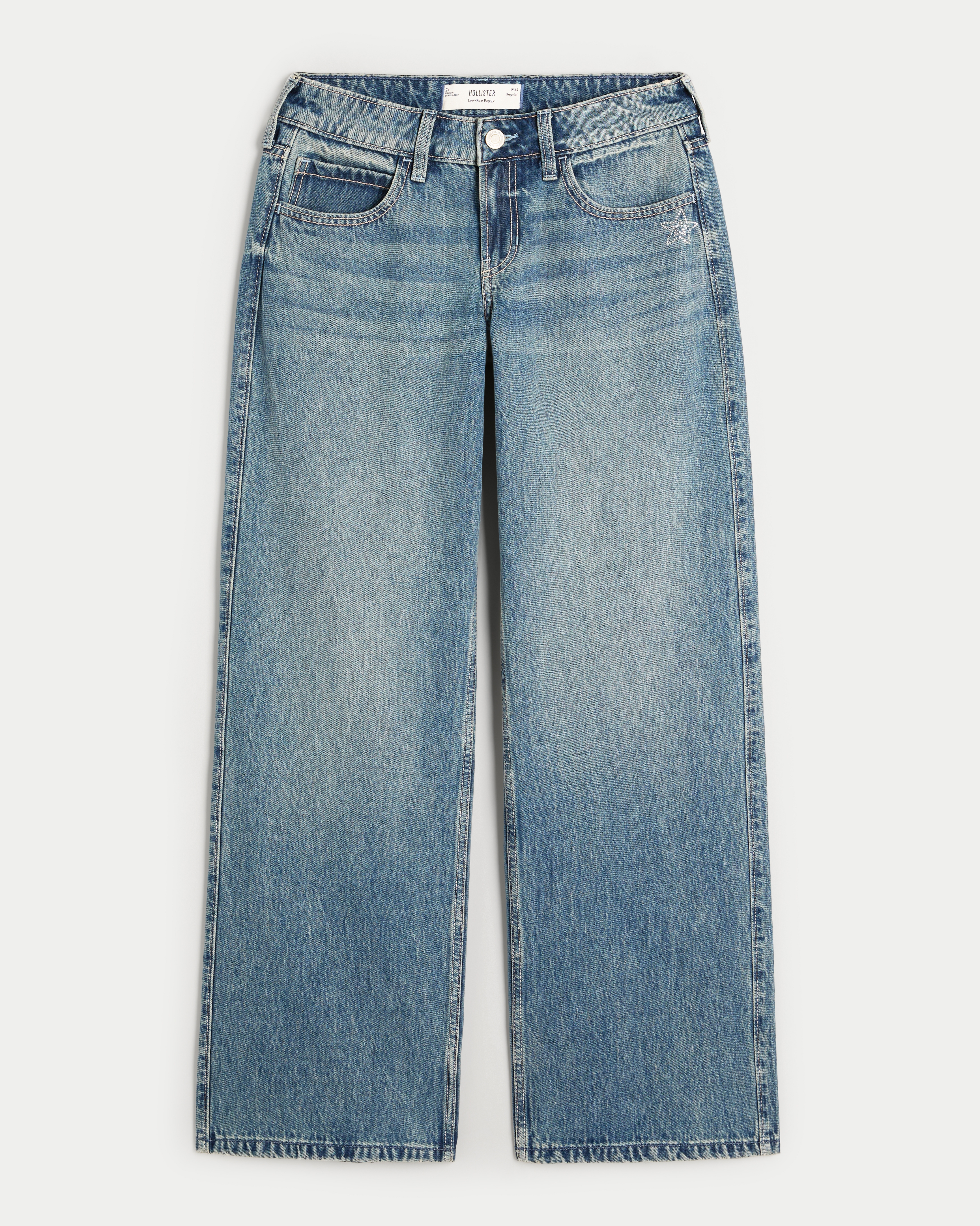 Low-Rise Rhinestone Stars Medium Wash Baggy Jeans