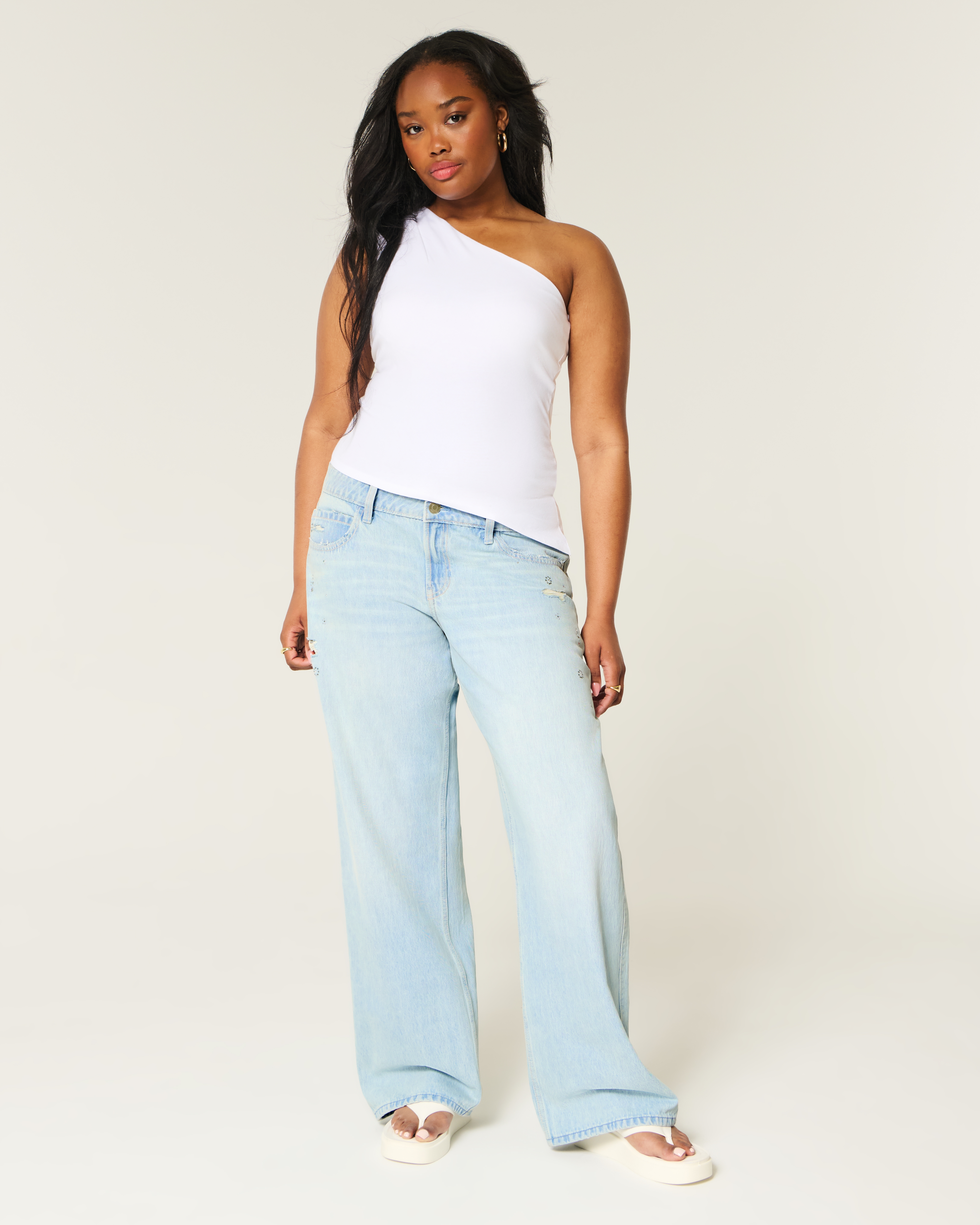 Low-Rise Distressed Light Wash Rhinestone Baggy Jeans