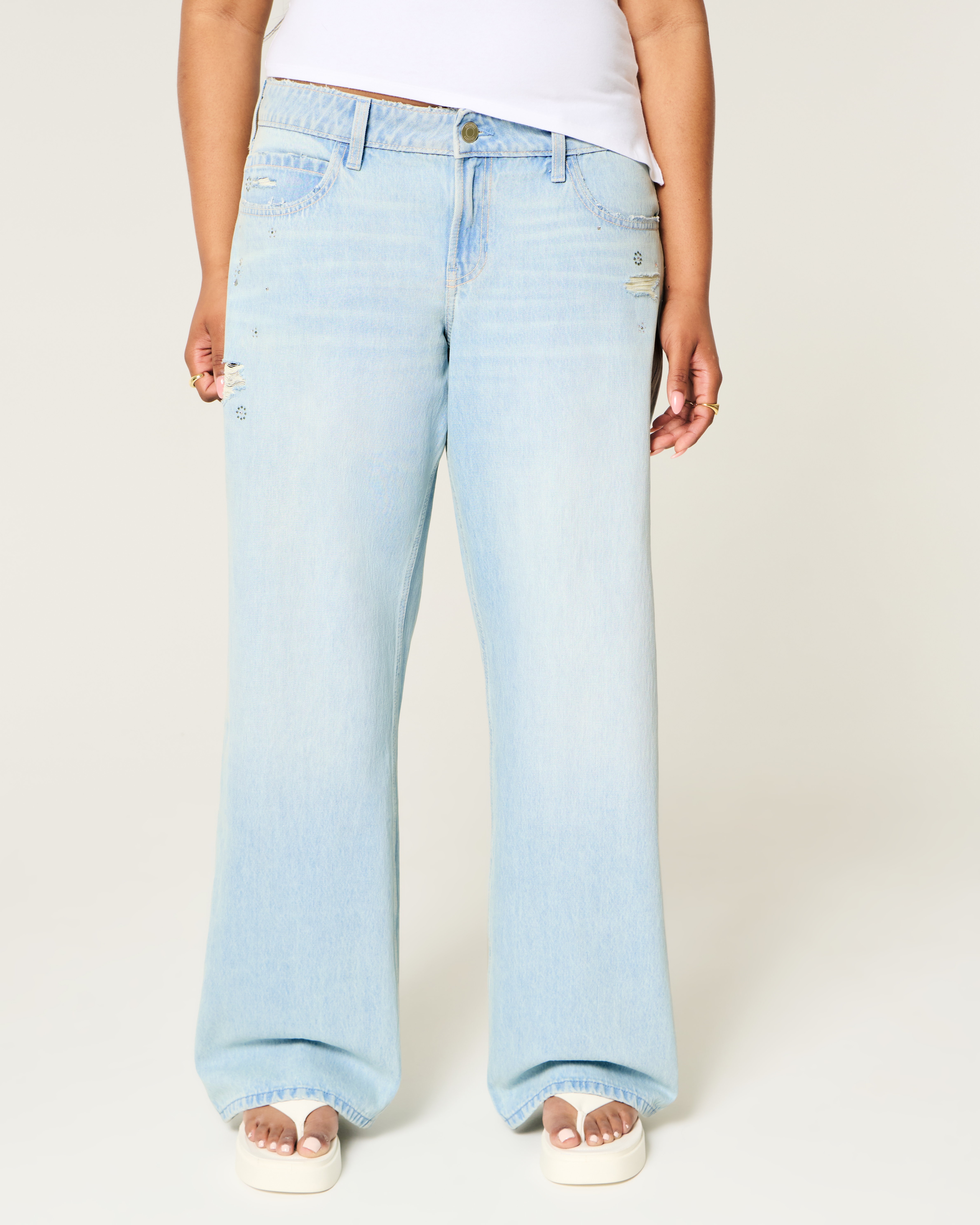 Women's Low-Rise Distressed Light Wash Rhinestone Baggy