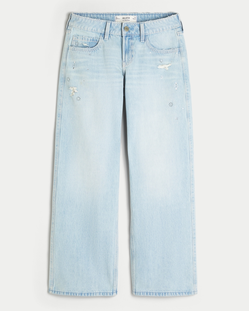 Women's Low-Rise Distressed Light Wash Rhinestone Baggy