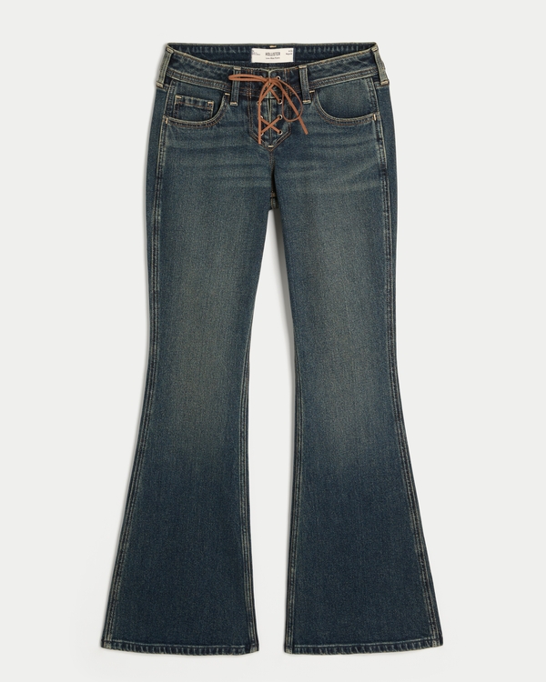 Low-Rise Dark Wash Lace-Up Flare Jeans, Dark view 1