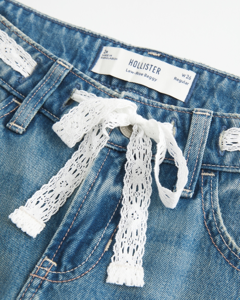 Low-Rise Medium Wash Lace Waist Baggy Jeans