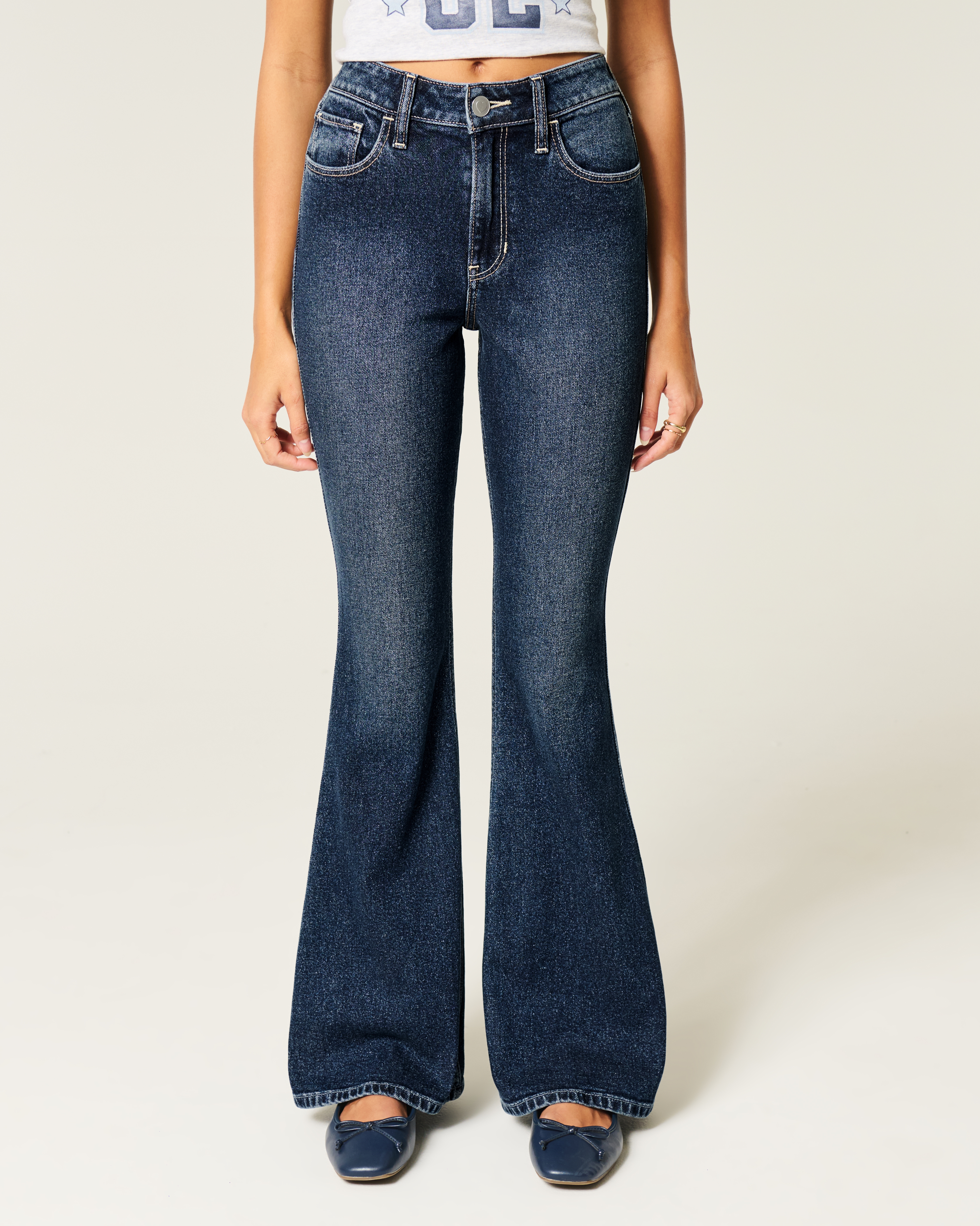 High-Rise Dark Wash Heart Pockets Flare Jeans