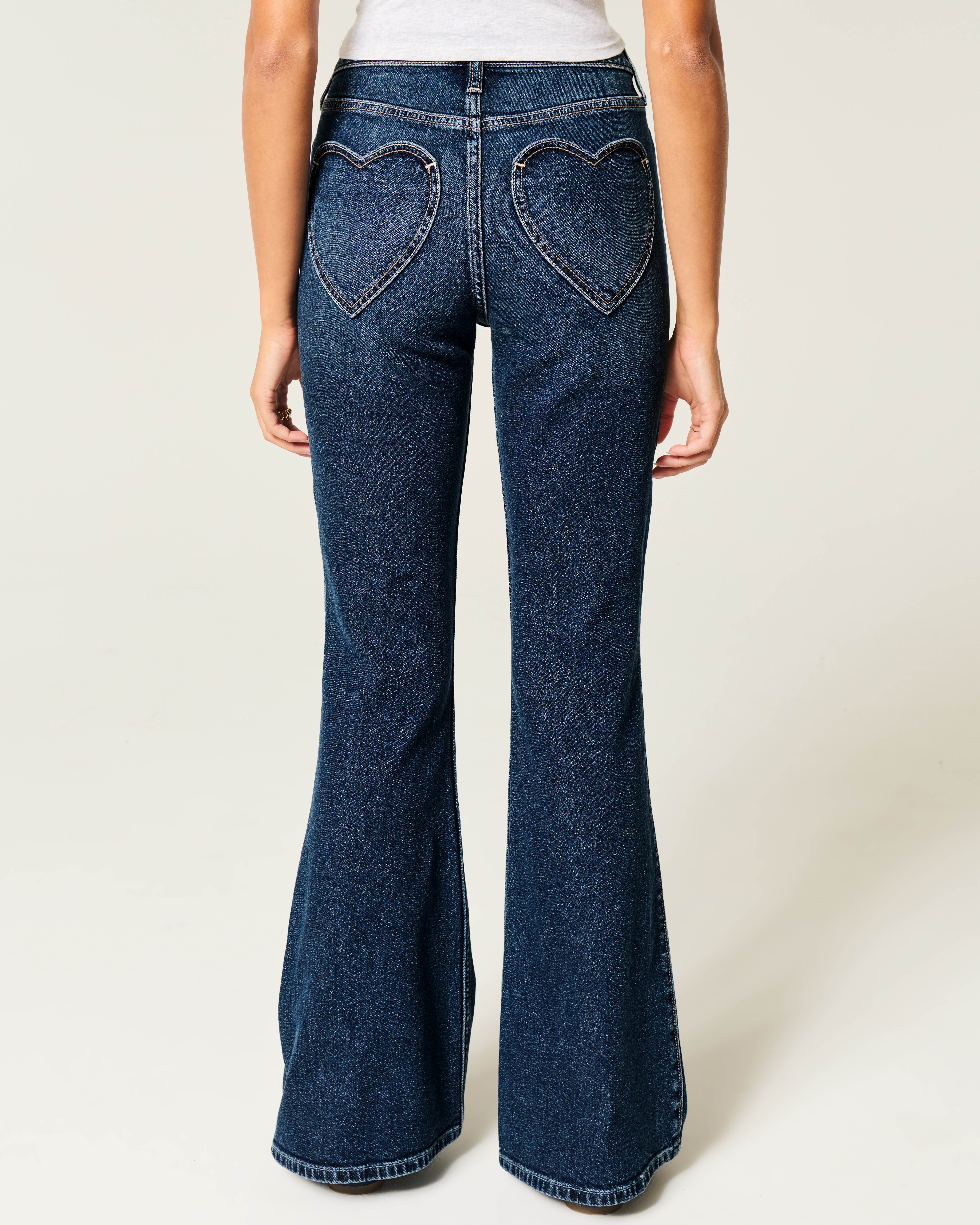 High-Rise Dark Wash Heart Pockets Flare Jeans