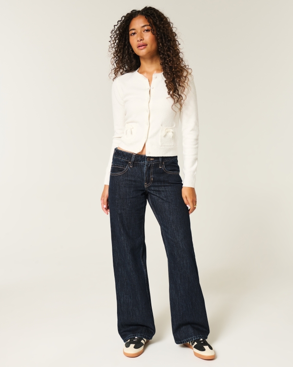 Low-Rise Dark Wash Plaid Hearts Baggy Jeans, Dark Rinse view 2