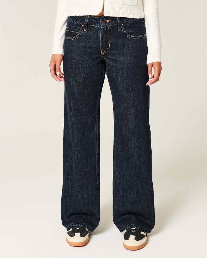 Low-Rise Dark Wash Plaid Hearts Baggy Jeans