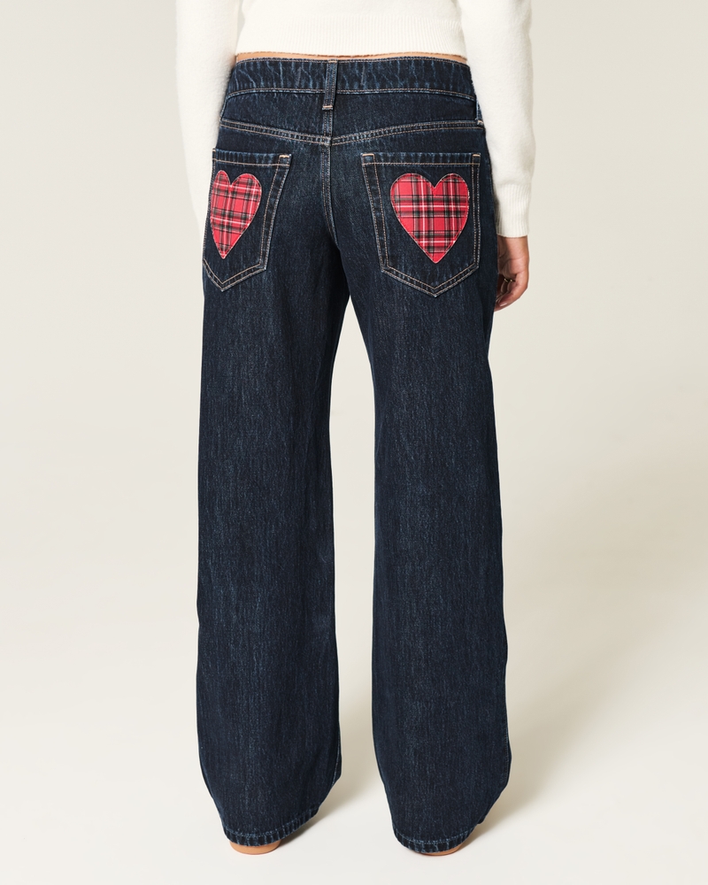 Low-Rise Dark Wash Plaid Hearts Baggy Jeans