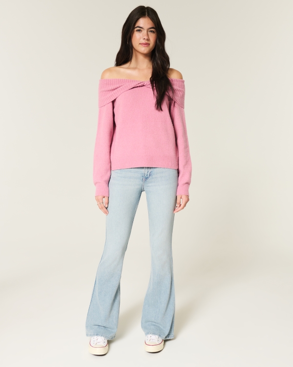 High-Rise Light Wash Heart Stitch Flare Jeans, Light view 1