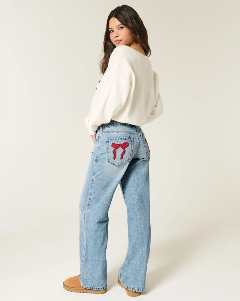 Low-Rise Light-Wash Bow Baggy Jeans