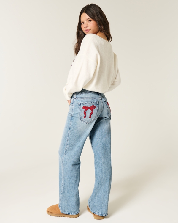 Low-Rise Light-Wash Bow Baggy Jeans, Medium view 1
