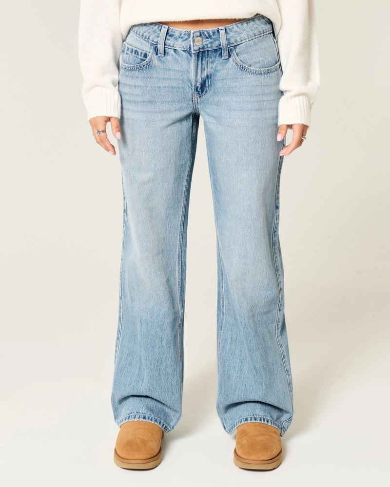 Low-Rise Light-Wash Bow Baggy Jeans
