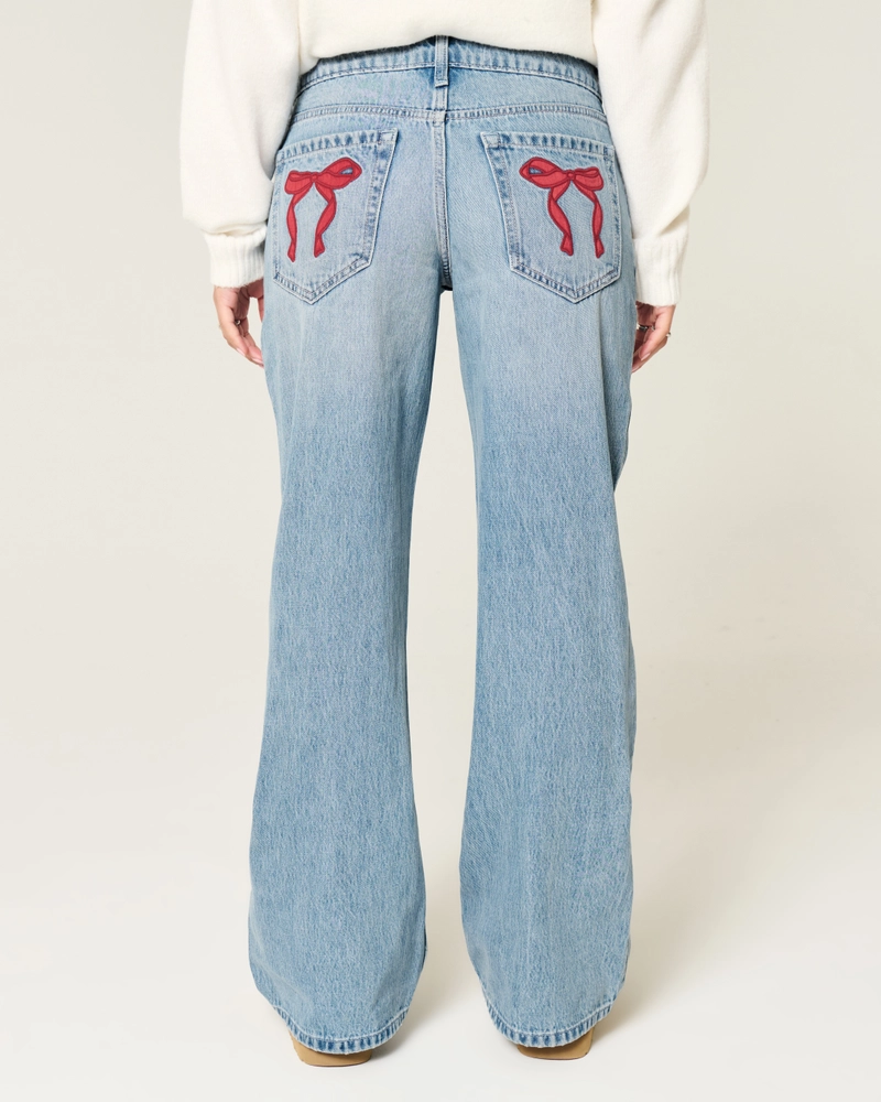 Low-Rise Light-Wash Bow Baggy Jeans
