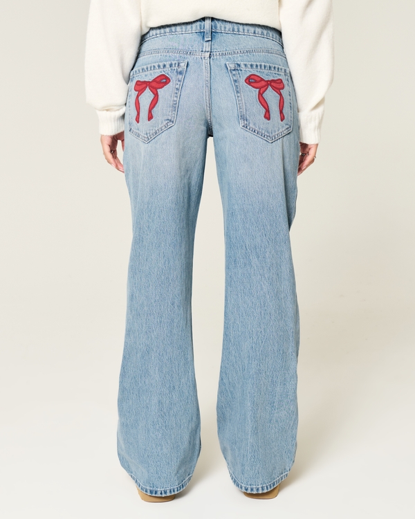 Low-Rise Light-Wash Bow Baggy Jeans, Medium view 2