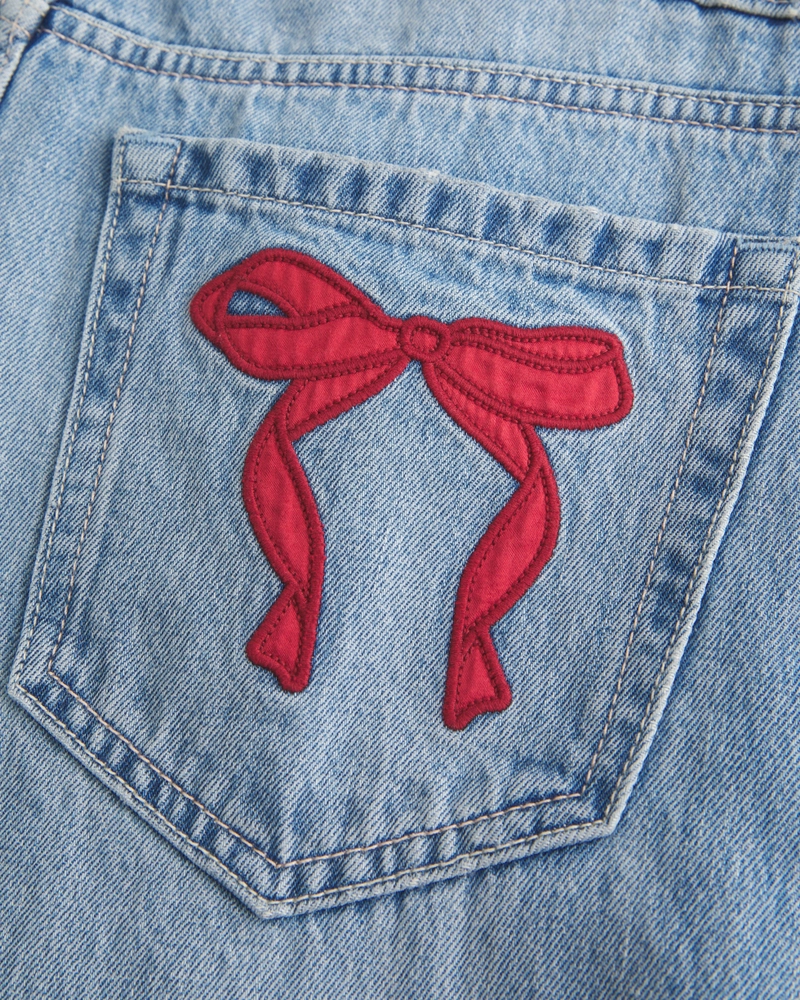 Low-Rise Light-Wash Bow Baggy Jeans