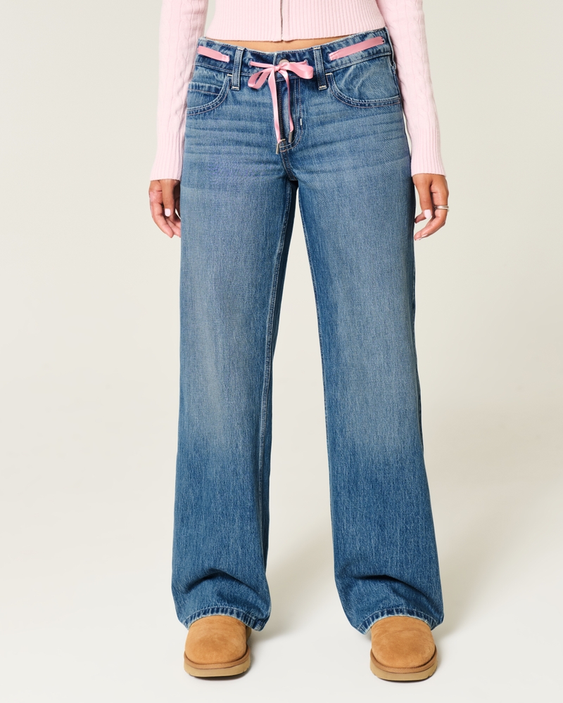 Low-Rise Pink Tie Waistband Baggy Jeans