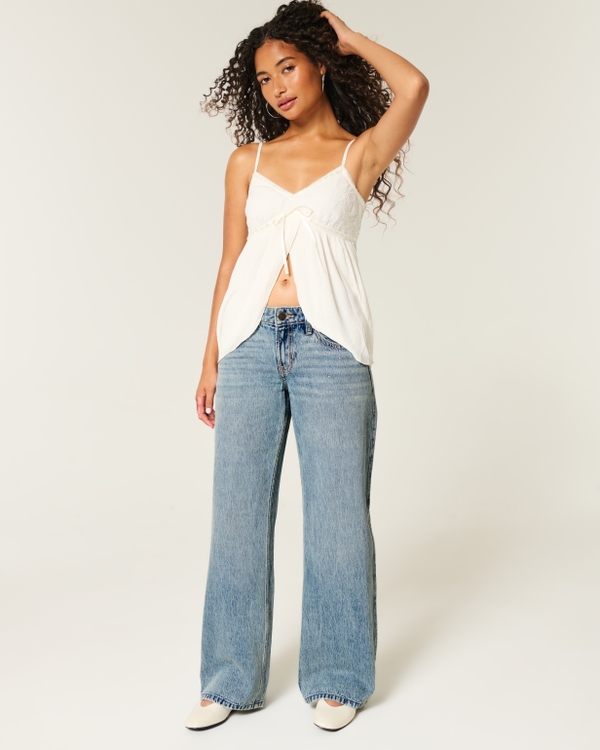 Low-Rise Medium Wash Rhinestone Baggy Jeans, Medium view 1