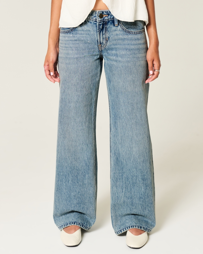 Low-Rise Medium Wash Rhinestone Baggy Jeans