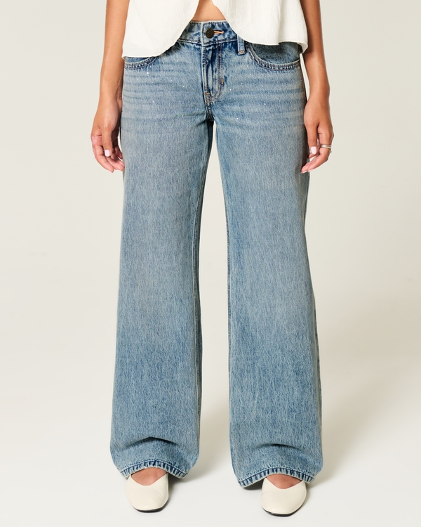 Low-Rise Medium Wash Rhinestone Baggy Jeans, Medium view 2