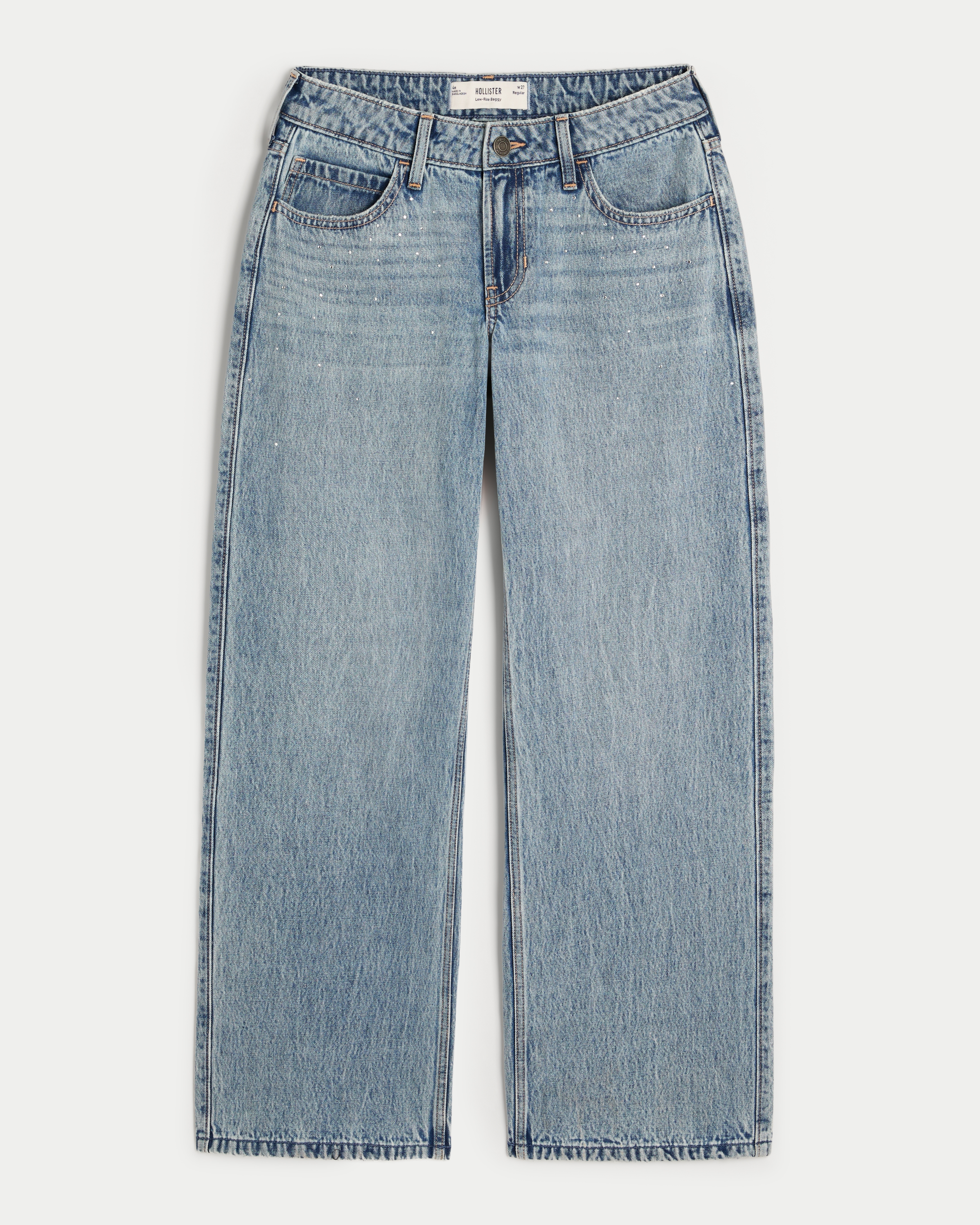 Low-Rise Medium Wash Rhinestone Baggy Jeans
