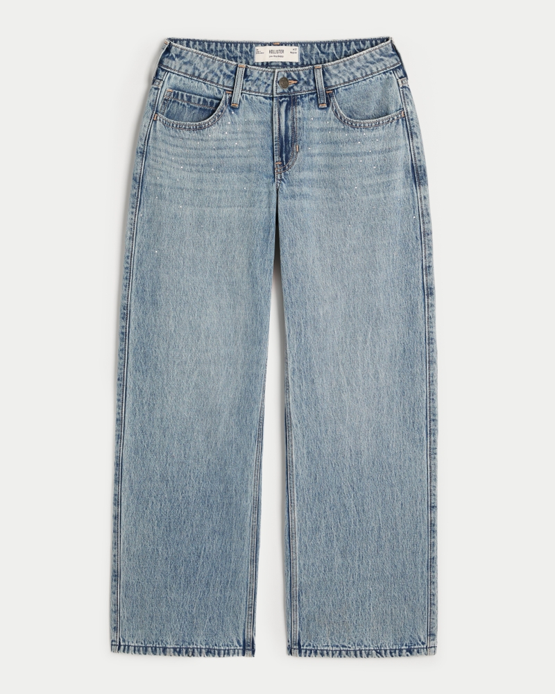 Low-Rise Medium Wash Rhinestone Baggy Jeans