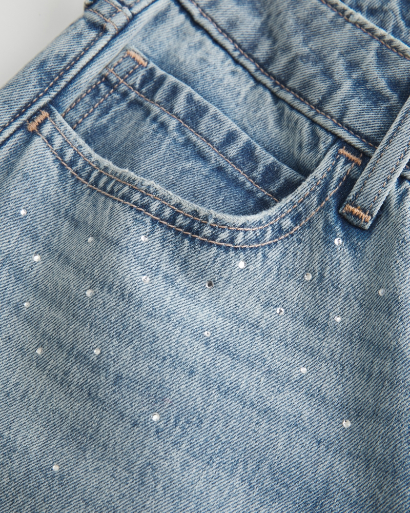 Low-Rise Medium Wash Rhinestone Baggy Jeans
