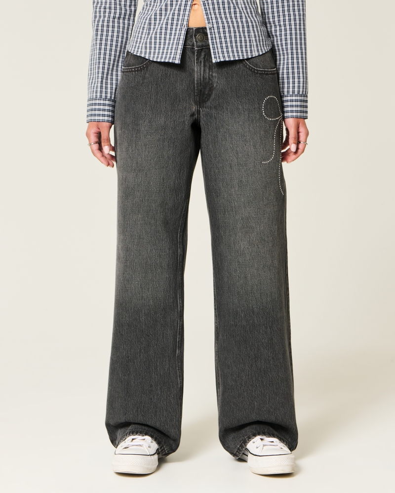 Low-Rise Washed Black Shine Bow Baggy Jeans