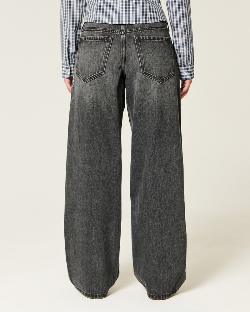 Low-Rise Washed Black Shine Bow Baggy Jeans