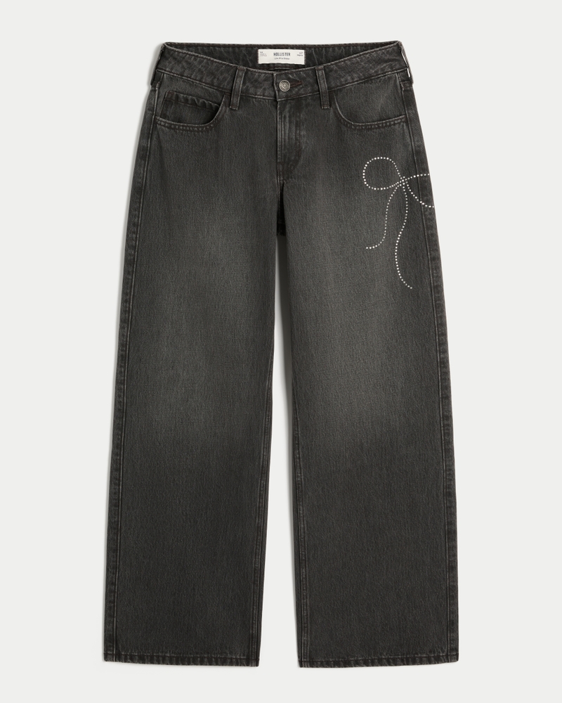 Low-Rise Washed Black Shine Bow Baggy Jeans