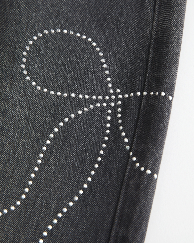 Low-Rise Washed Black Shine Bow Baggy Jeans
