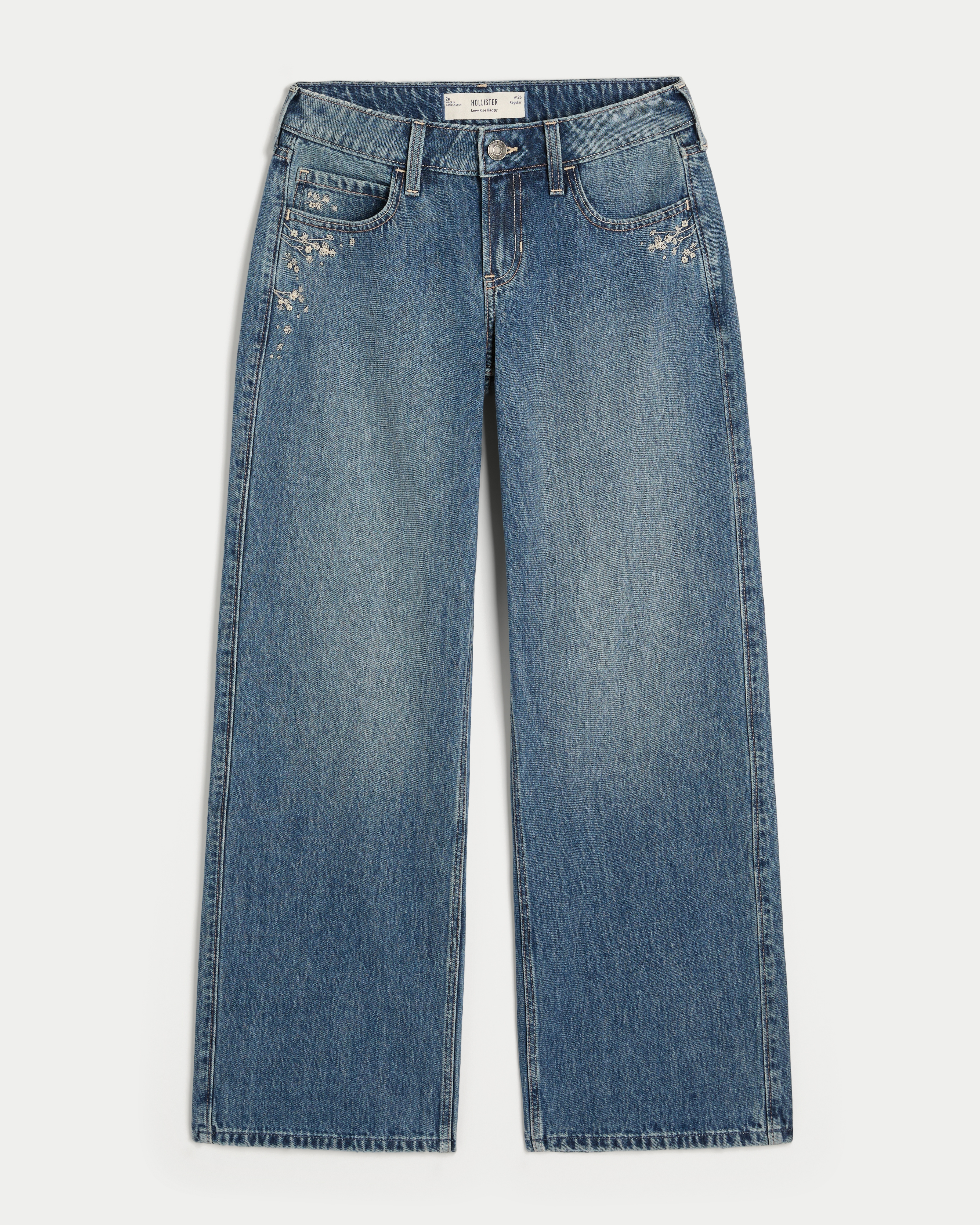 Low-Rise Dark Wash Floral Embroidery Baggy Jeans