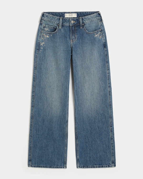 Low-Rise Dark Wash Floral Embroidery Baggy Jeans