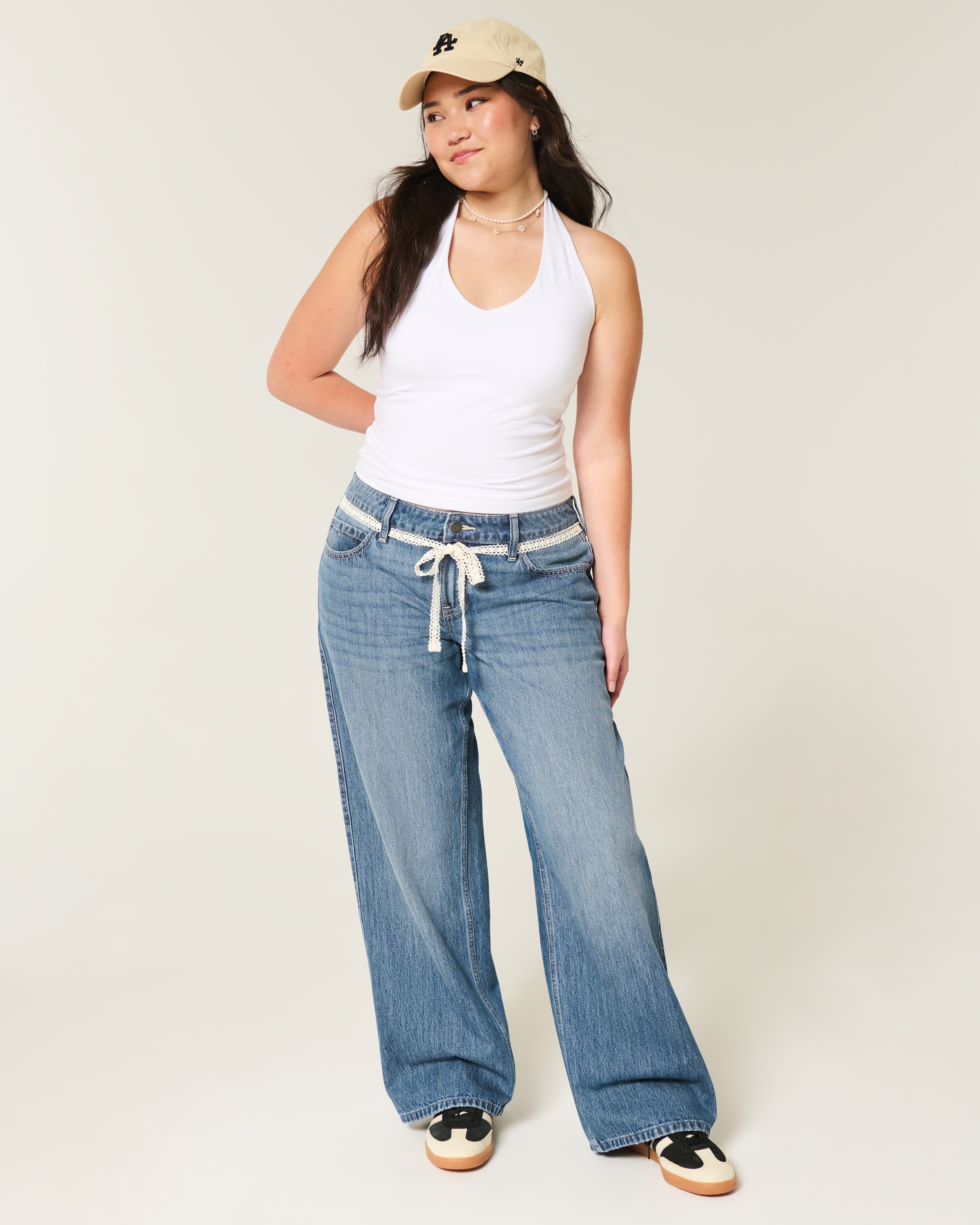 Low-Rise Dark Wash Tie-Waist Baggy Jean