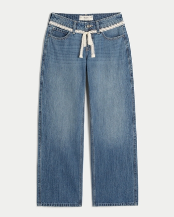 Grommet Tie Waist Low Rise Baggy Jeans