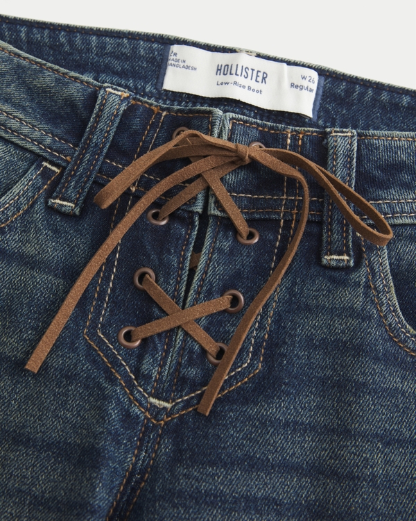 Low-Rise Dark Wash Lace-Up Bootcut Jeans