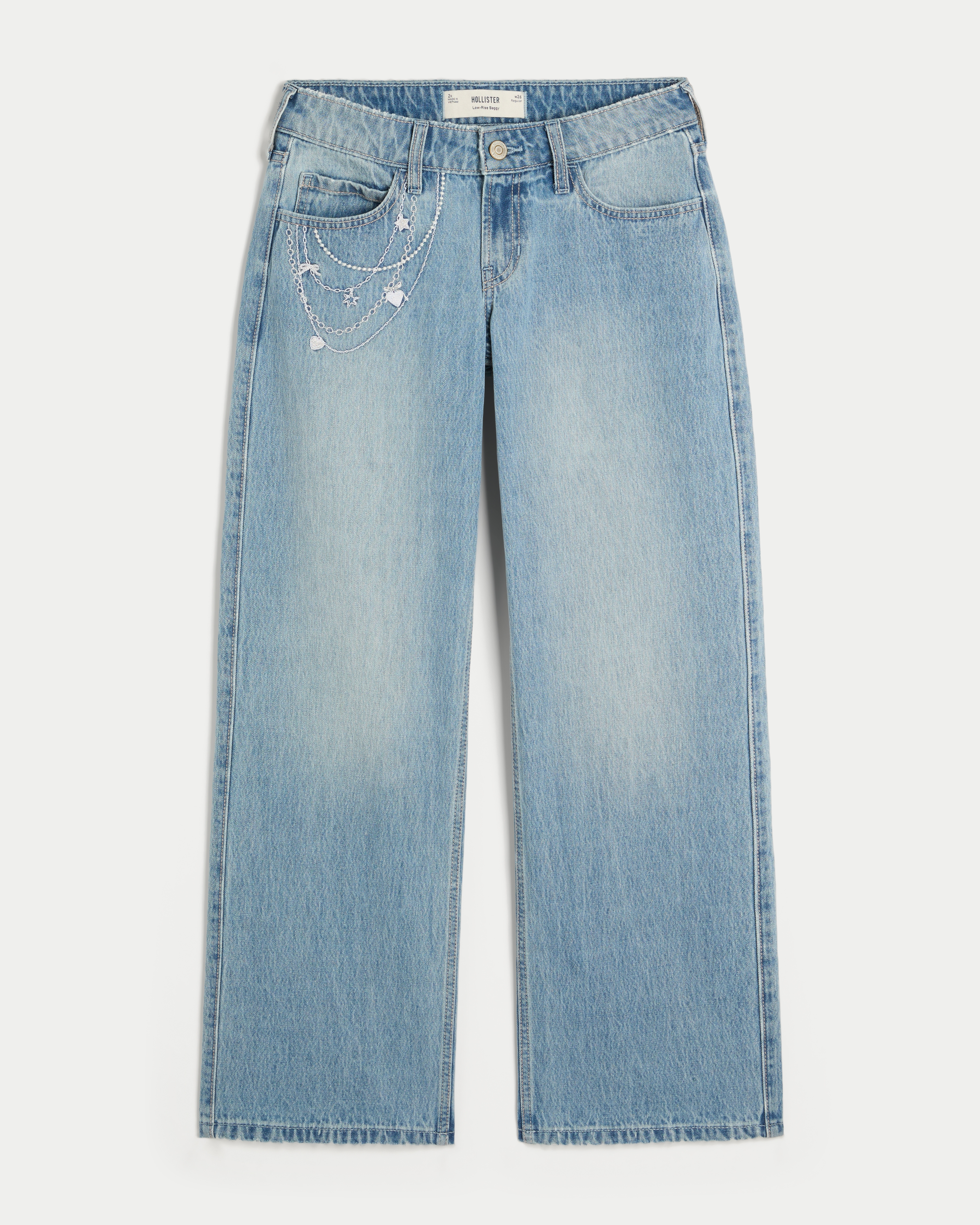 Low-Rise Light Wash Chain Embroidery Baggy Jeans