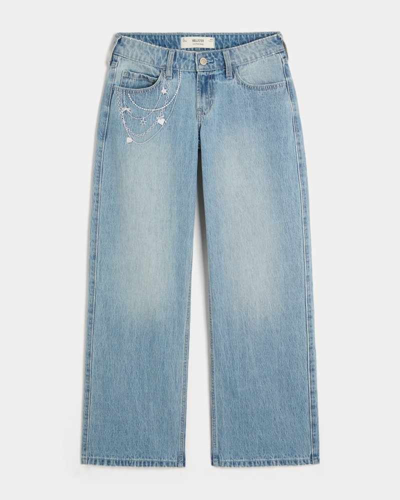 Low-Rise Light Wash Chain Embroidery Baggy Jeans