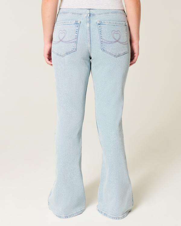 Women's High-Rise Light Wash Heart Embroidered Flare Jeans