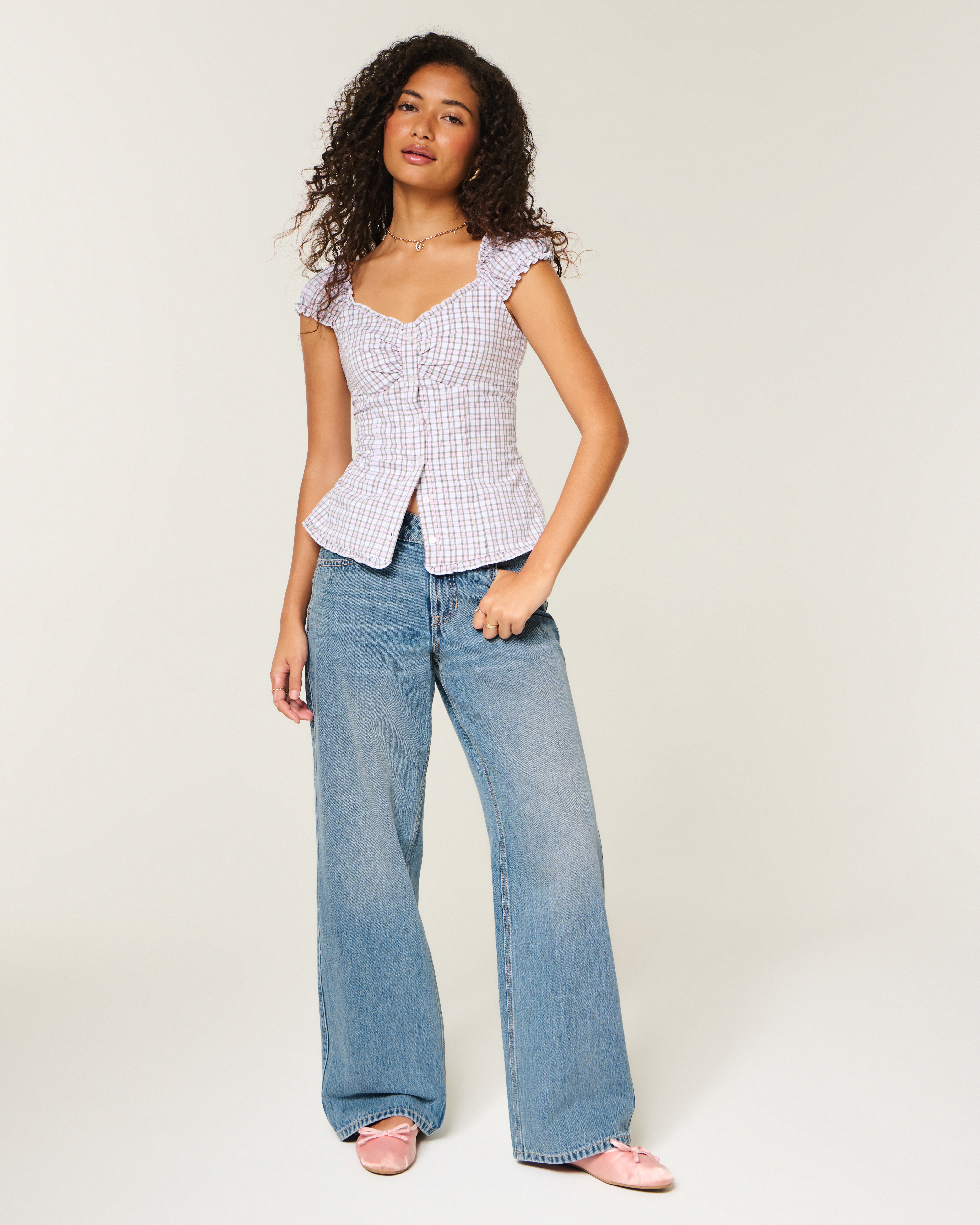 Adjustable Waist Low-Rise Medium Wash Baggy Jeans