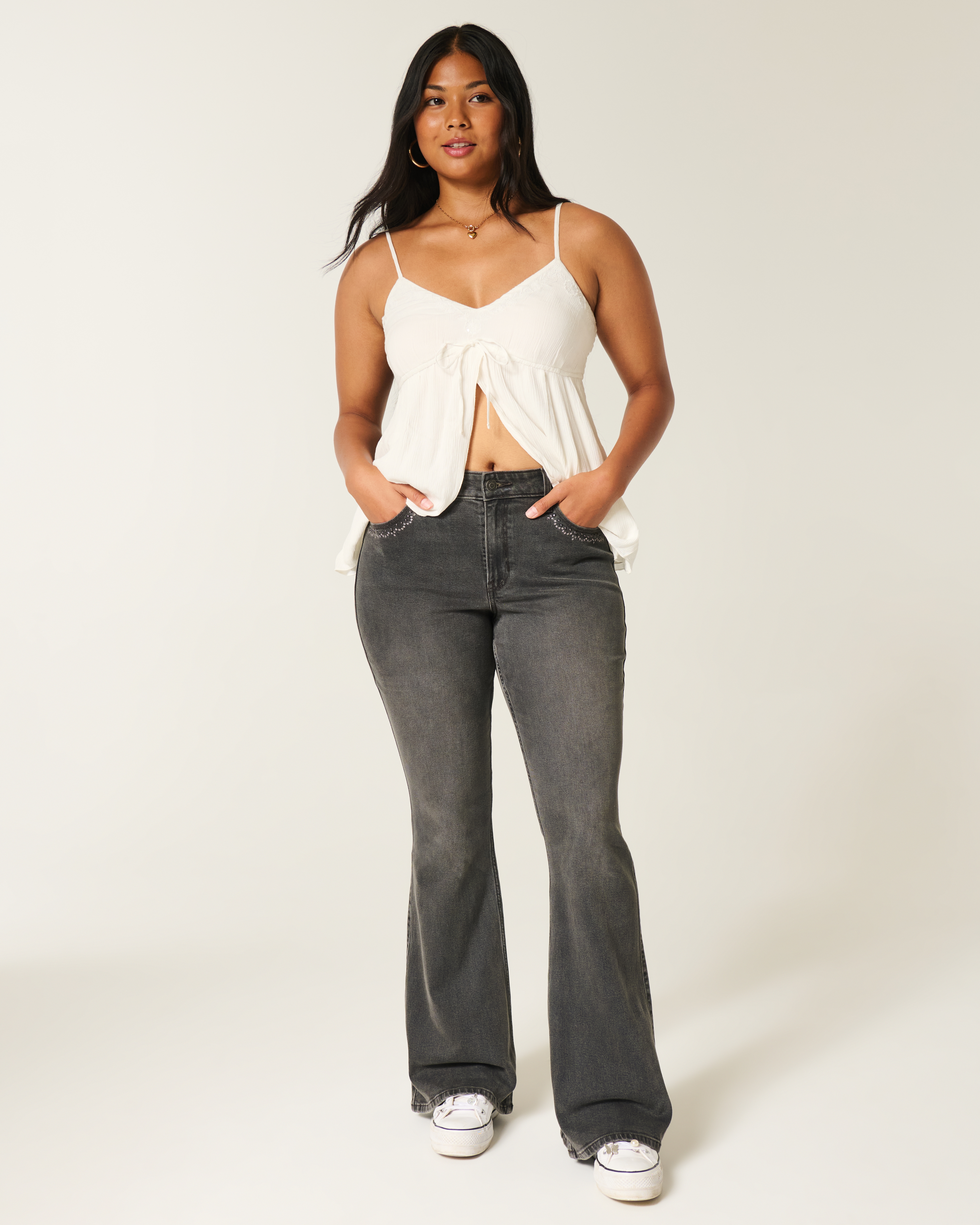 High-Rise Washed Black Embroidered Flare Jeans