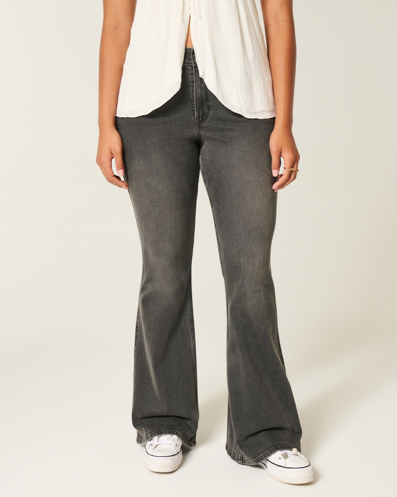 High-Rise Washed Black Embroidered Flare Jeans
